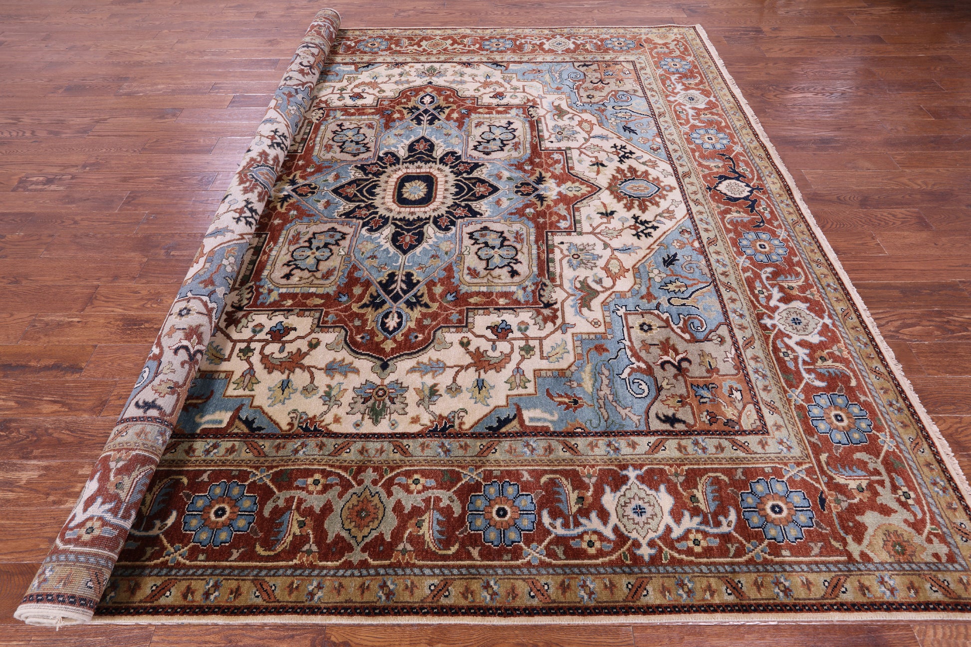 Ivory Square Persian Fine Serapi Hand Knotted Wool Rug - 9' 11" X 10' 0" - Golden Nile