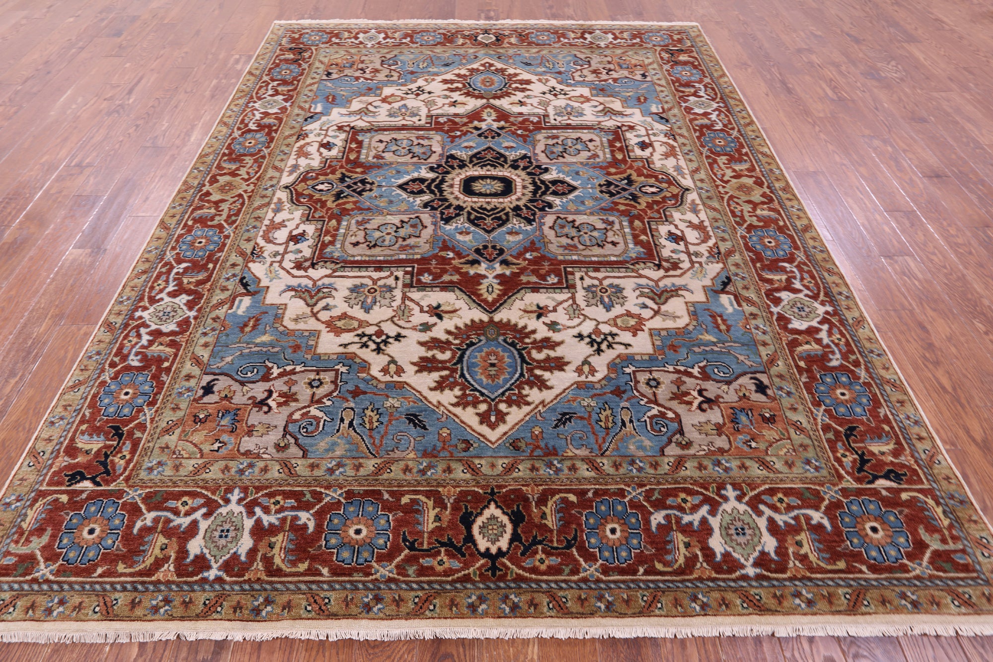 Ivory Persian Fine Serapi Hand Knotted Wool Rug - 7' 10" X 10' 0" - Golden Nile