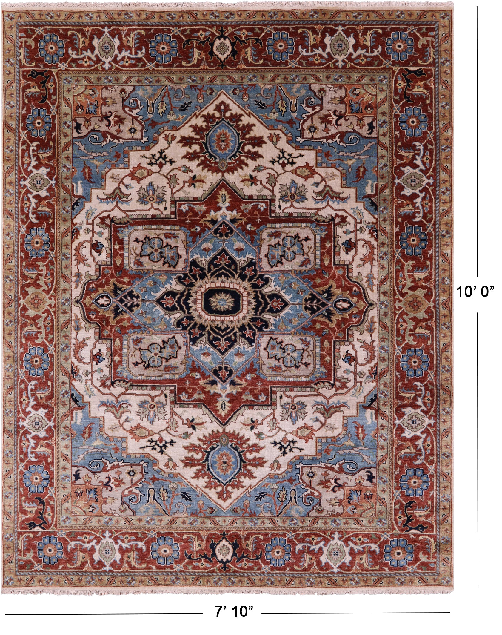 Ivory Persian Fine Serapi Hand Knotted Wool Rug - 7' 10" X 10' 0" - Golden Nile