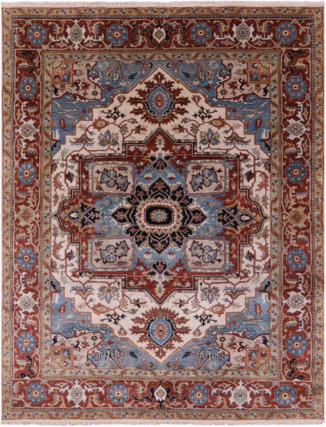 Ivory Persian Fine Serapi Hand Knotted Wool Rug - 7' 10" X 10' 0" - Golden Nile
