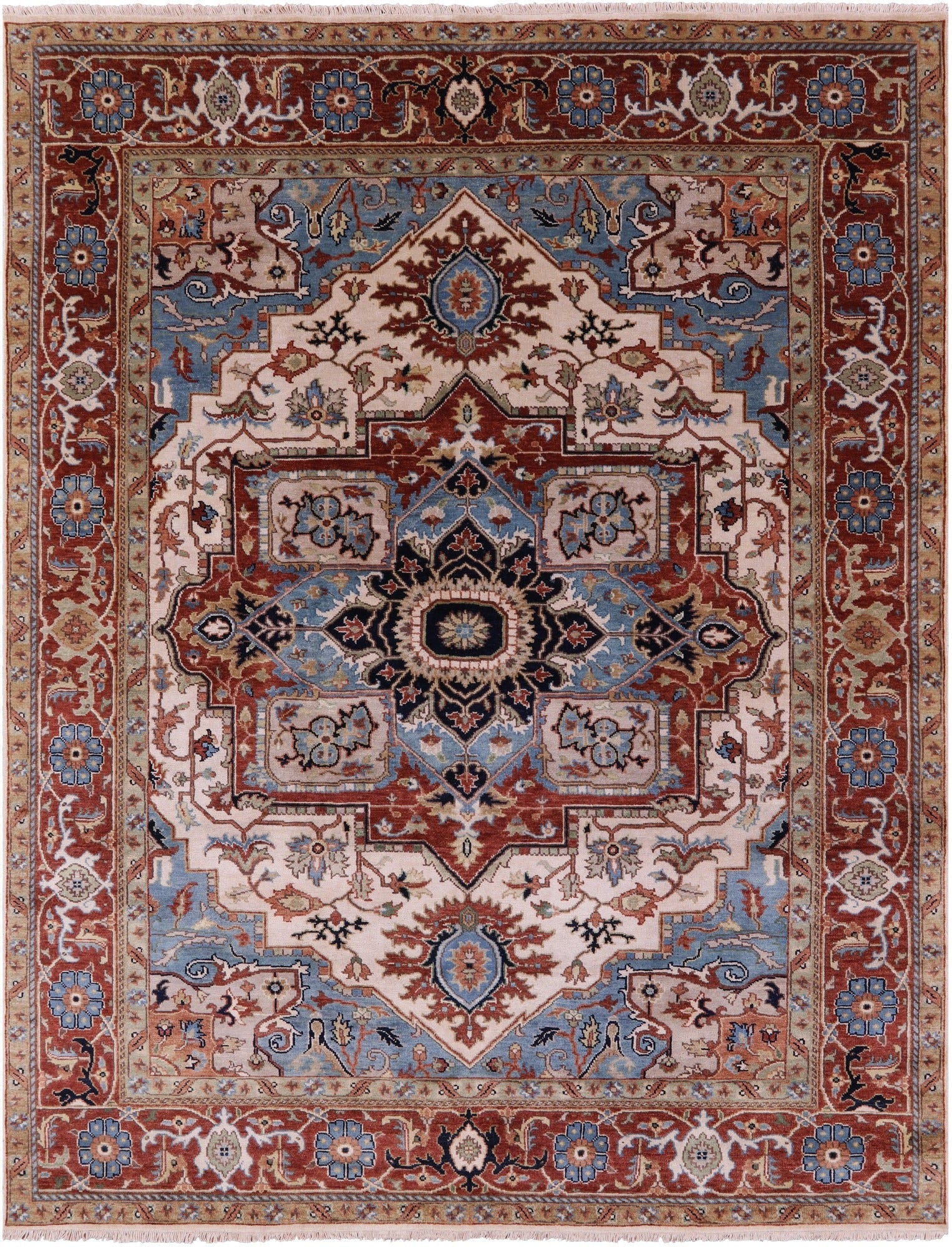 Ivory Persian Fine Serapi Hand Knotted Wool Rug - 7' 10" X 10' 0" - Golden Nile