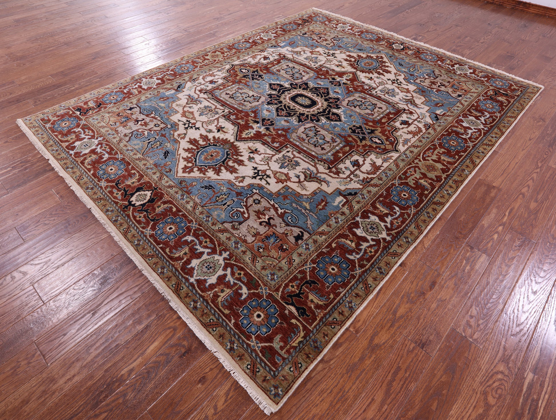 Ivory Persian Fine Serapi Hand Knotted Wool Rug - 7' 10" X 10' 0" - Golden Nile