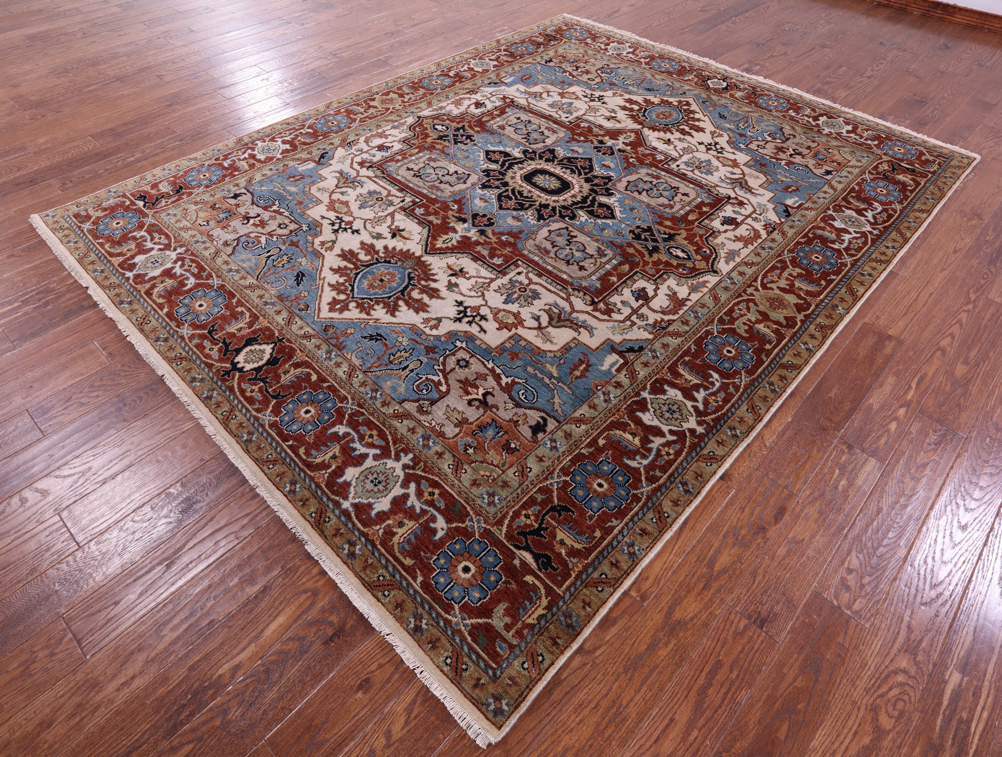 Ivory Persian Fine Serapi Hand Knotted Wool Rug - 7' 10" X 10' 0" - Golden Nile
