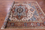 Ivory Persian Fine Serapi Hand Knotted Wool Rug - 7' 10" X 10' 0" - Golden Nile