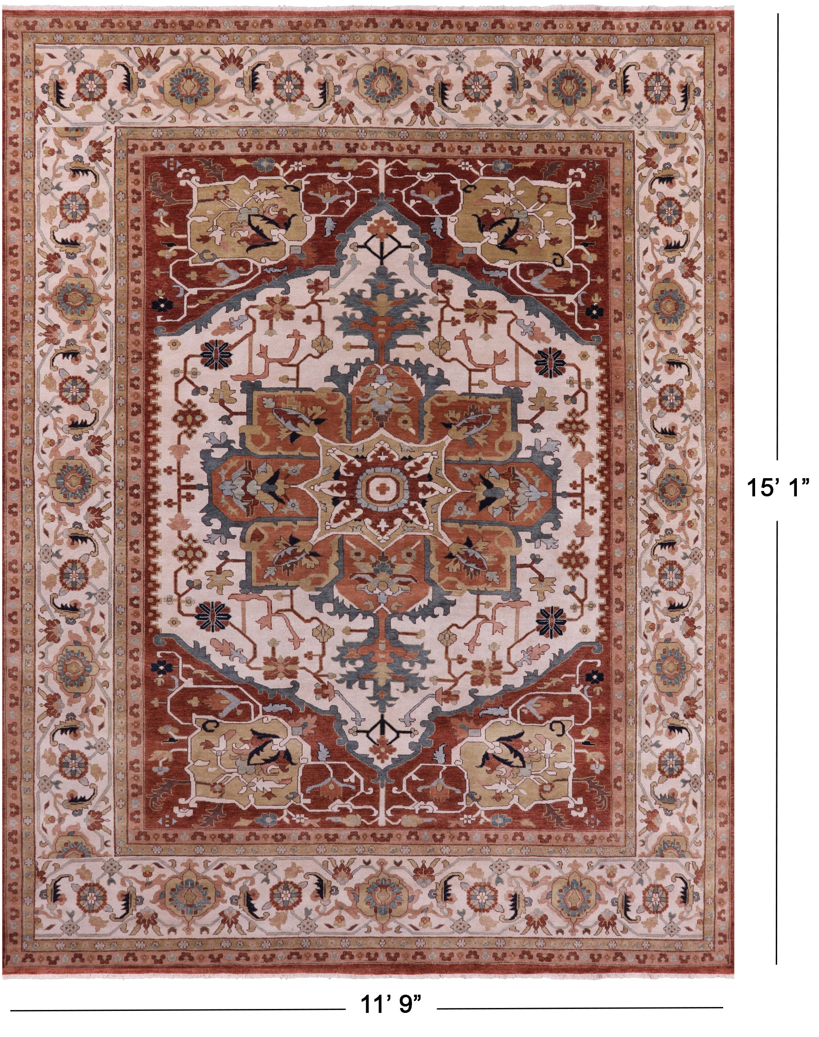 Ivory Persian Fine Serapi Hand Knotted Wool Rug - 11' 9" X 15' 1" - Golden Nile