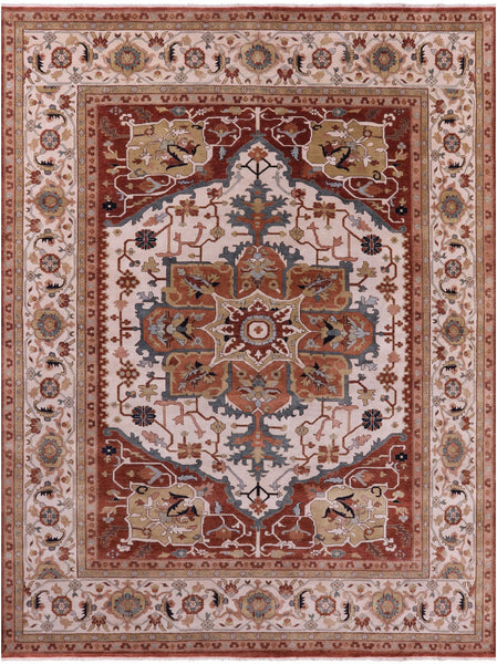 Ivory Persian Fine Serapi Hand Knotted Wool Rug - 11' 9" X 15' 1" - Golden Nile