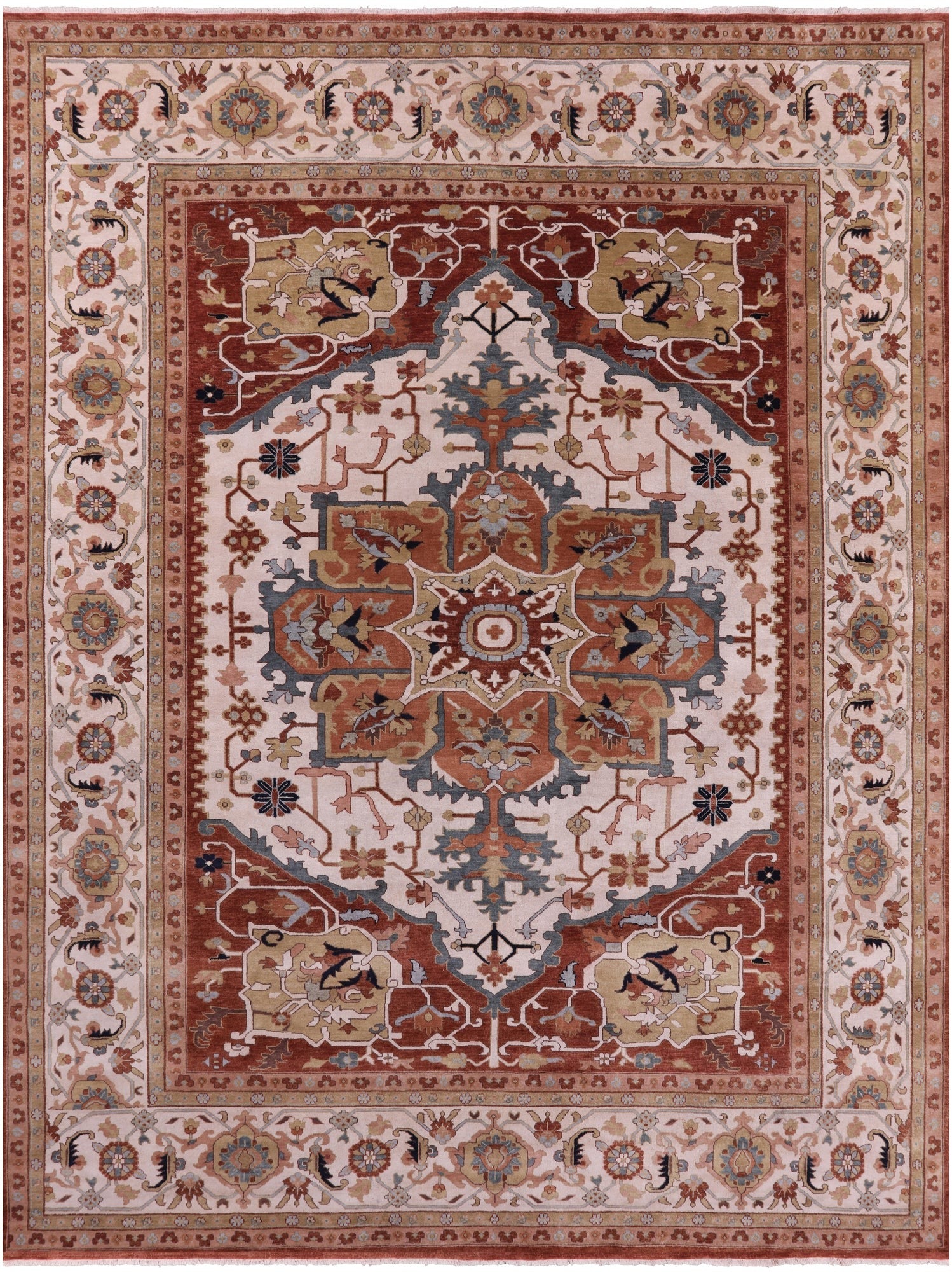 Ivory Persian Fine Serapi Hand Knotted Wool Rug - 11' 9" X 15' 1" - Golden Nile