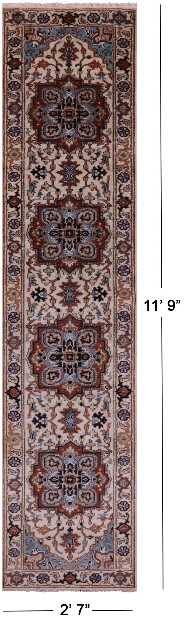 Ivory Persian Fine Serapi Hand Knotted Wool Runner Rug - 2' 7" X 11' 9" - Golden Nile
