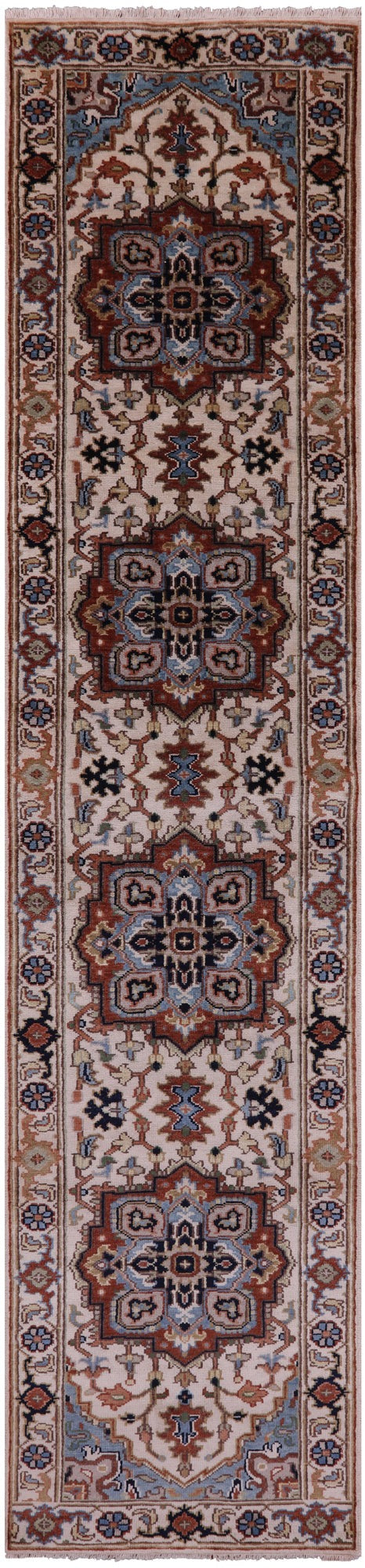 Ivory Persian Fine Serapi Hand Knotted Wool Runner Rug - 2' 7" X 11' 9" - Golden Nile