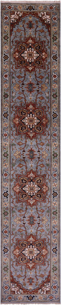 Blue Persian Fine Serapi Hand Knotted Wool Runner Rug - 2' 8" X 14' 1" - Golden Nile
