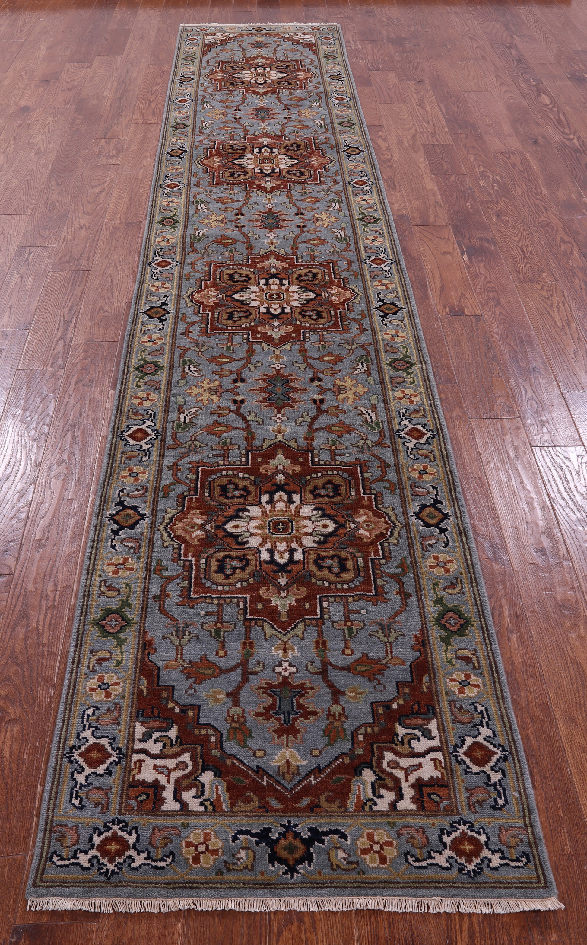 Blue Persian Fine Serapi Hand Knotted Wool Runner Rug - 2' 8" X 14' 1" - Golden Nile