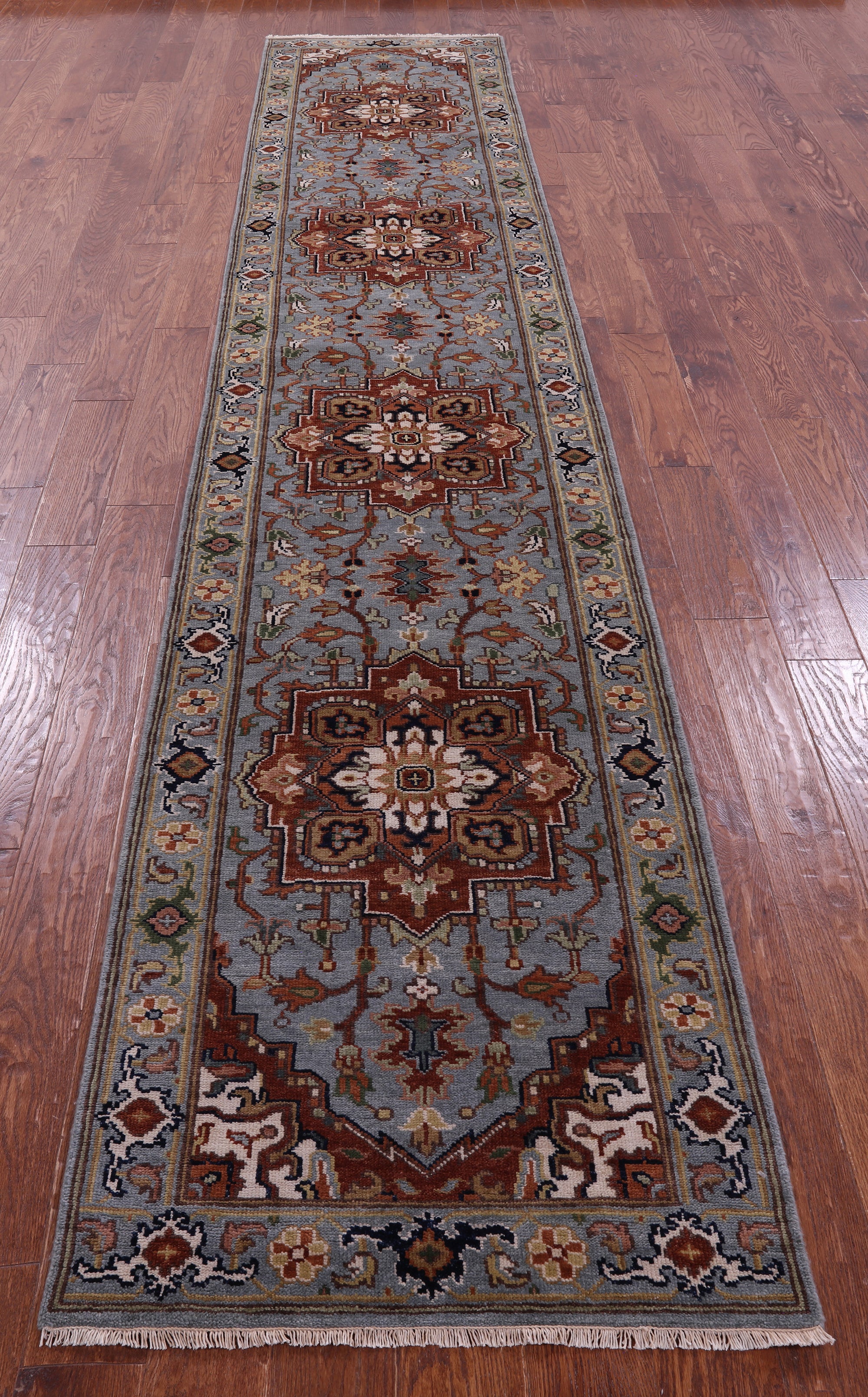 Blue Persian Fine Serapi Hand Knotted Wool Runner Rug - 2' 8" X 14' 1" - Golden Nile