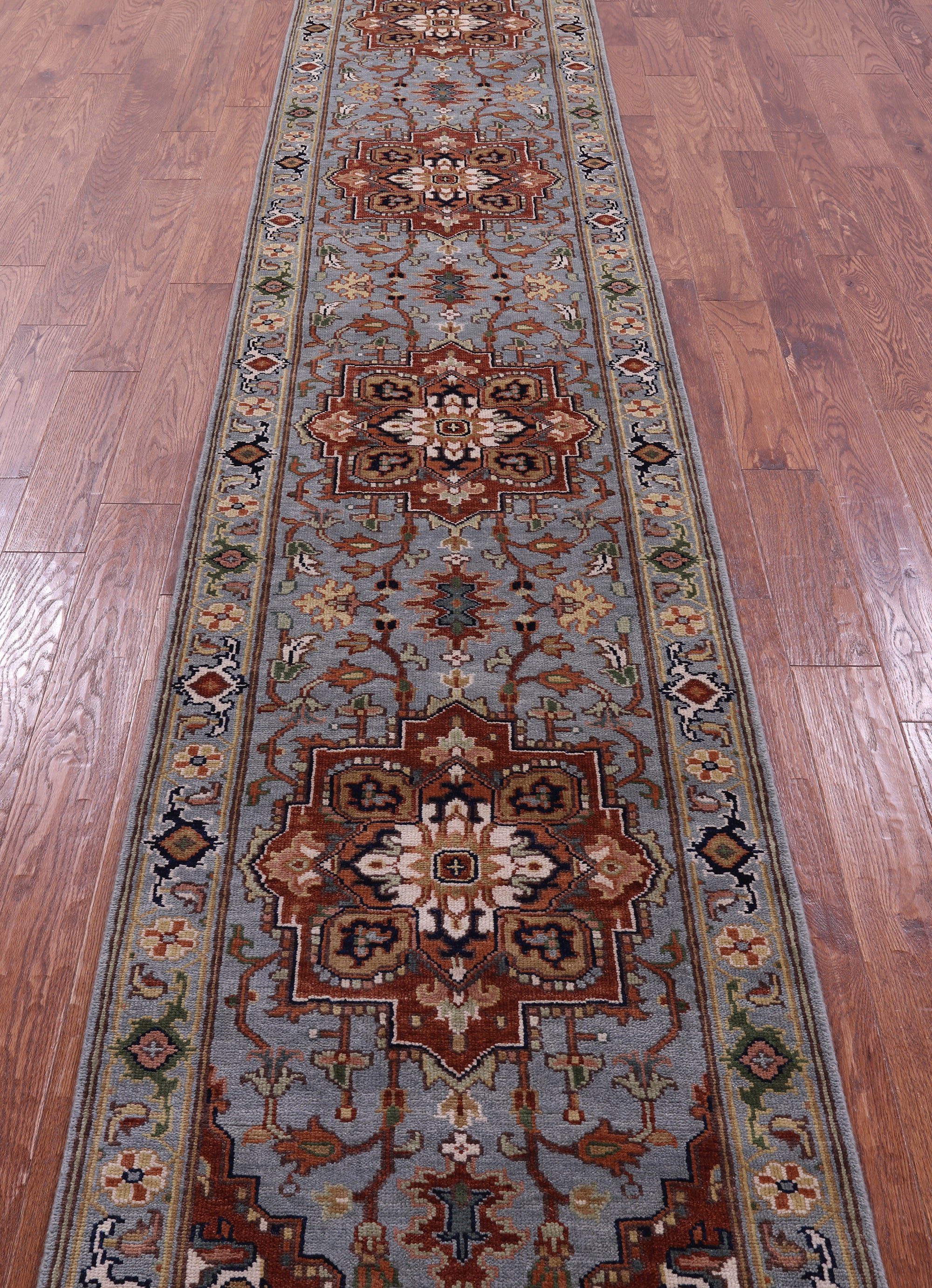 Blue Persian Fine Serapi Hand Knotted Wool Runner Rug - 2' 8" X 14' 1" - Golden Nile