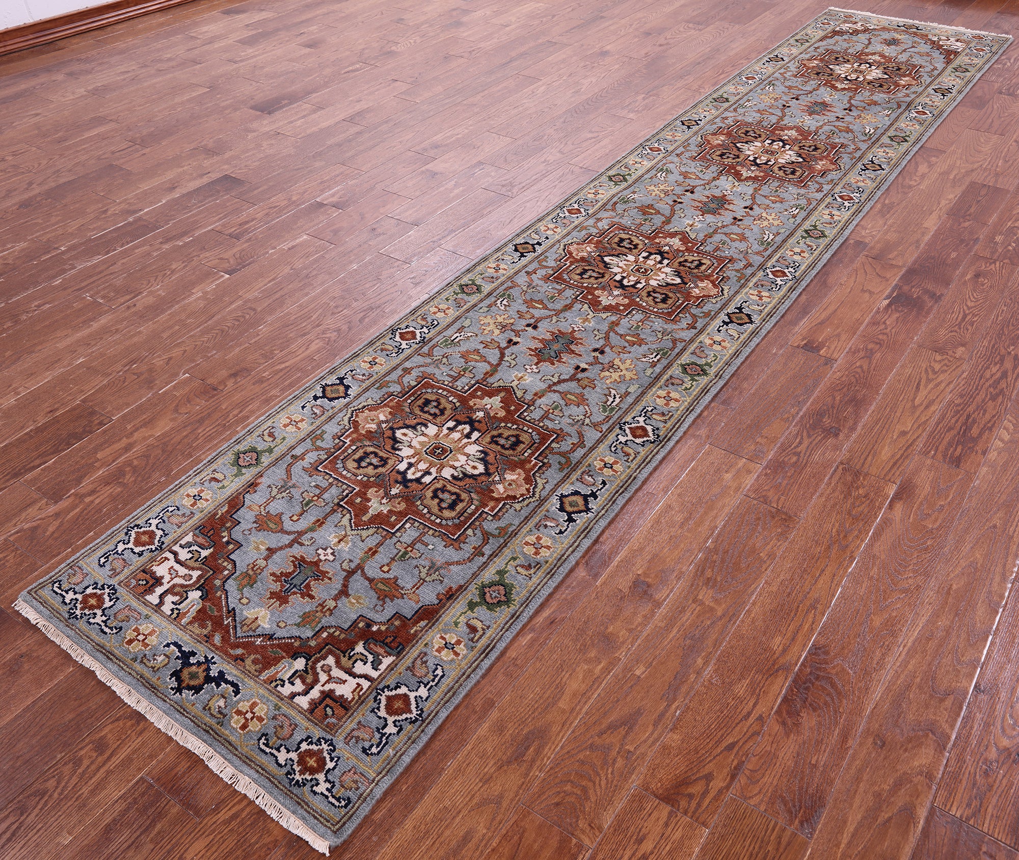 Blue Persian Fine Serapi Hand Knotted Wool Runner Rug - 2' 8" X 14' 1" - Golden Nile
