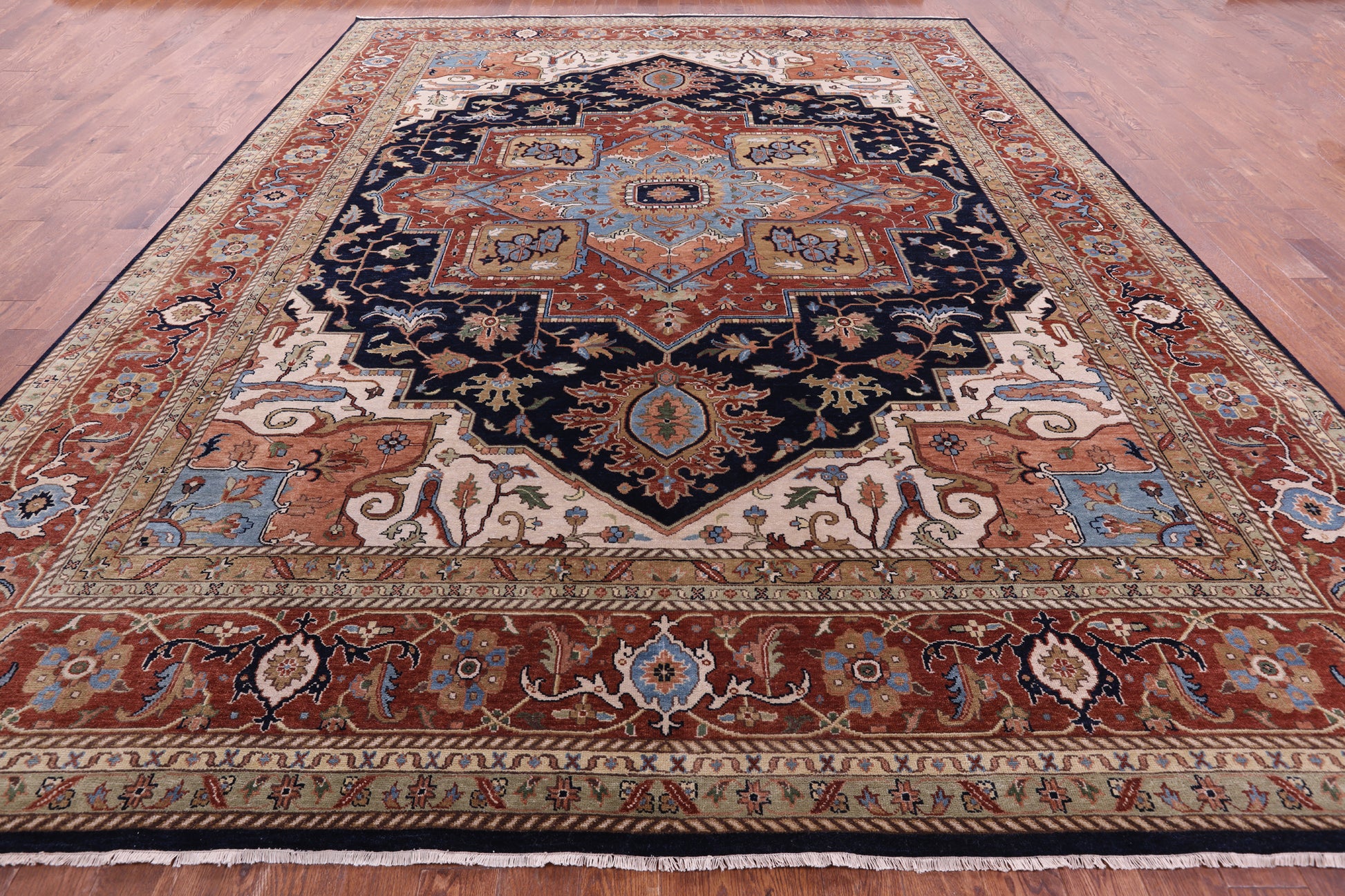 Blue Persian Fine Serapi Hand Knotted Wool Rug - 11' 8" X 14' 11" - Golden Nile