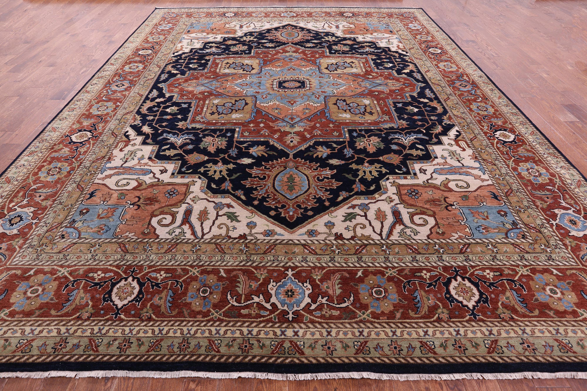 Blue Persian Fine Serapi Hand Knotted Wool Rug - 11' 8" X 14' 11" - Golden Nile