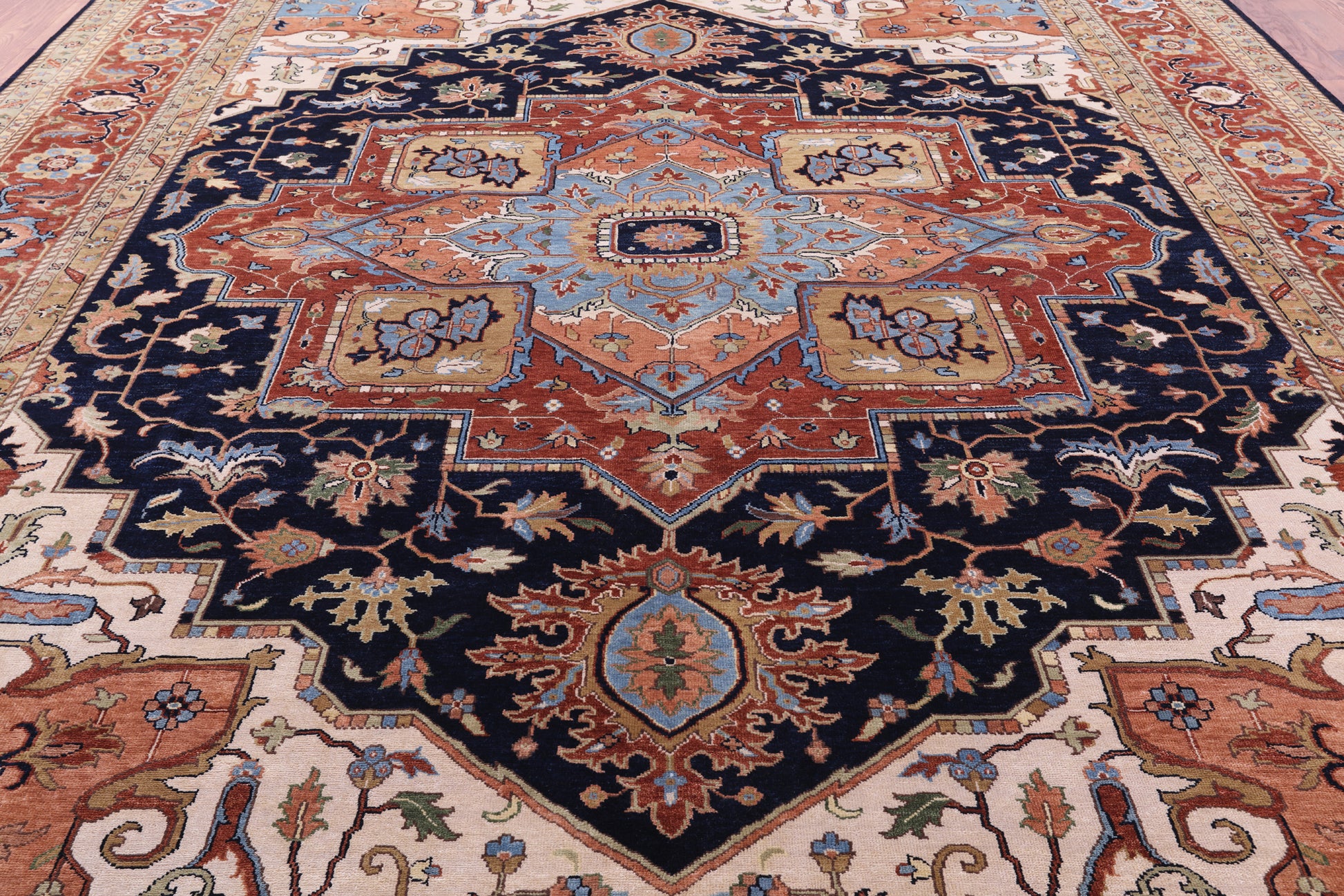 Blue Persian Fine Serapi Hand Knotted Wool Rug - 11' 8" X 14' 11" - Golden Nile
