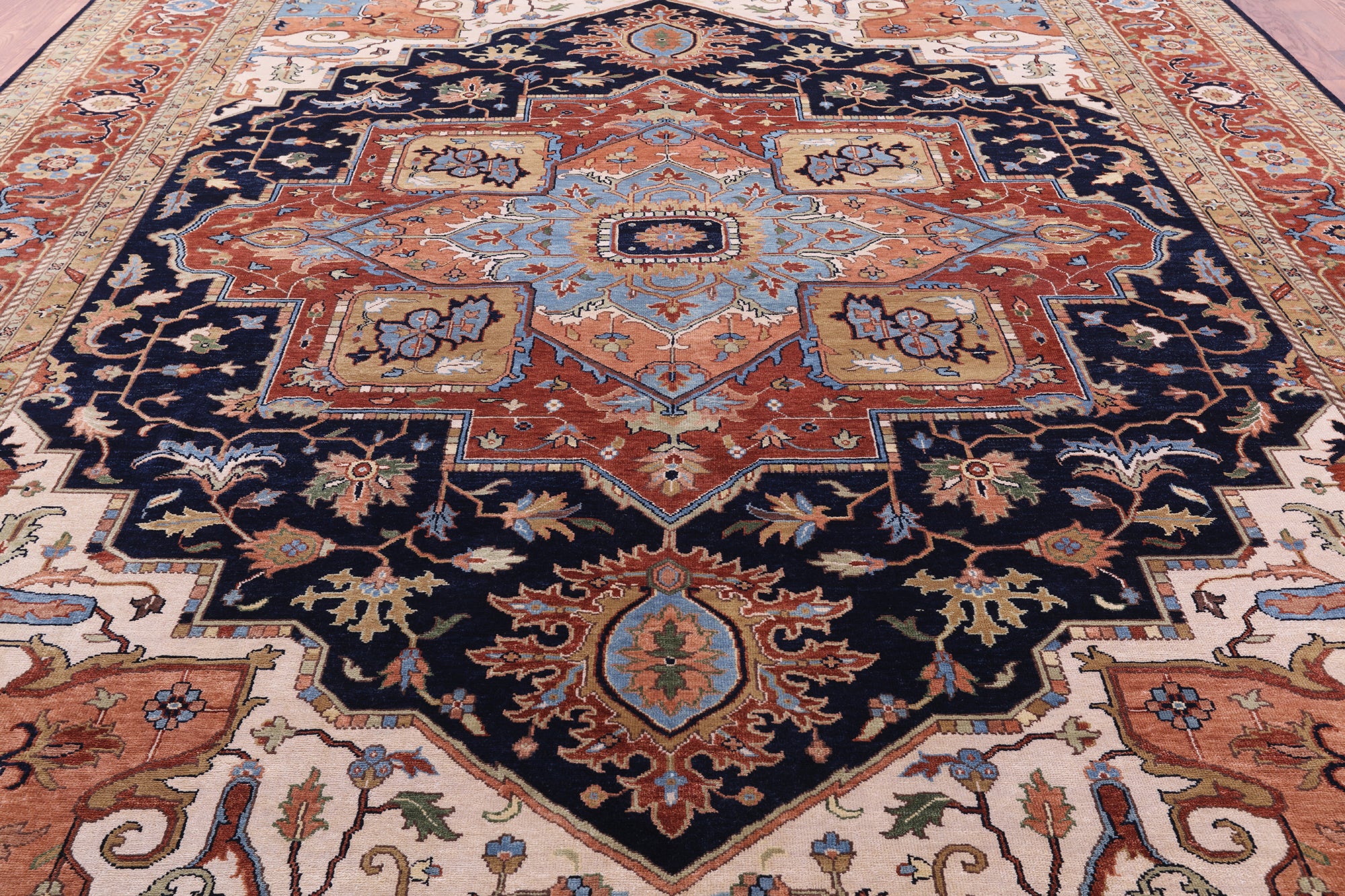 Blue Persian Fine Serapi Hand Knotted Wool Rug - 11' 8" X 14' 11" - Golden Nile