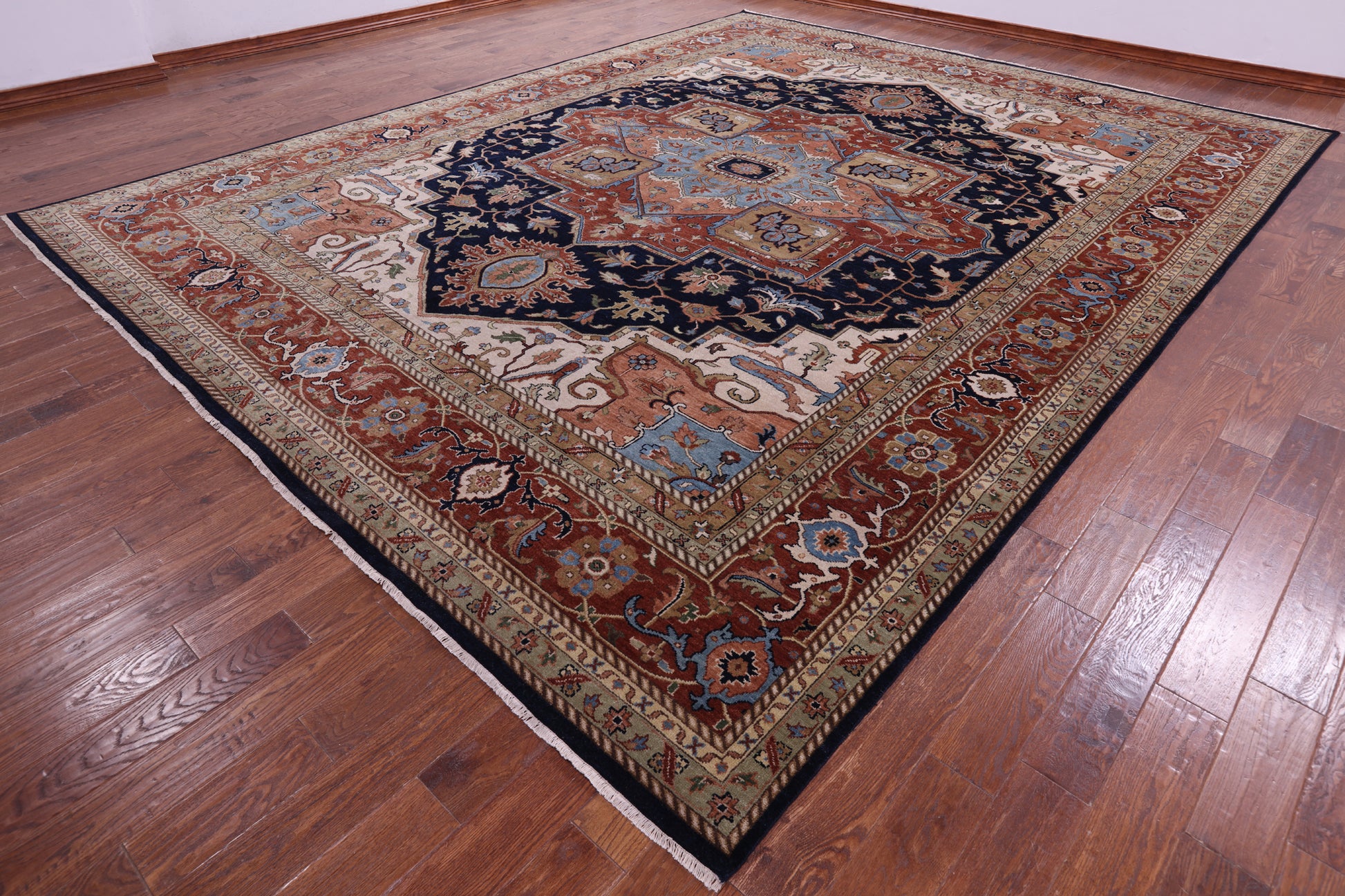 Blue Persian Fine Serapi Hand Knotted Wool Rug - 11' 8" X 14' 11" - Golden Nile