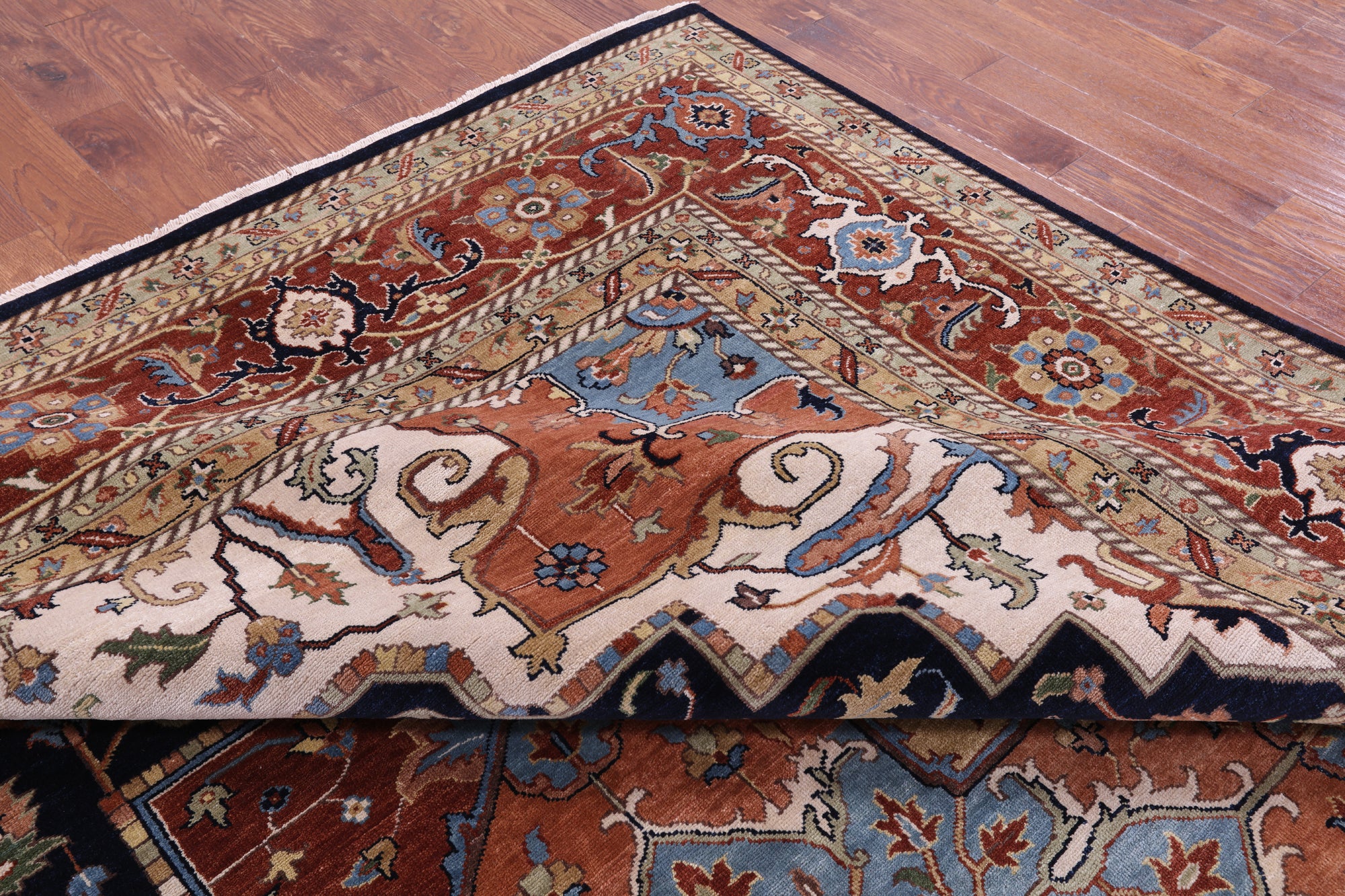 Blue Persian Fine Serapi Hand Knotted Wool Rug - 11' 8" X 14' 11" - Golden Nile