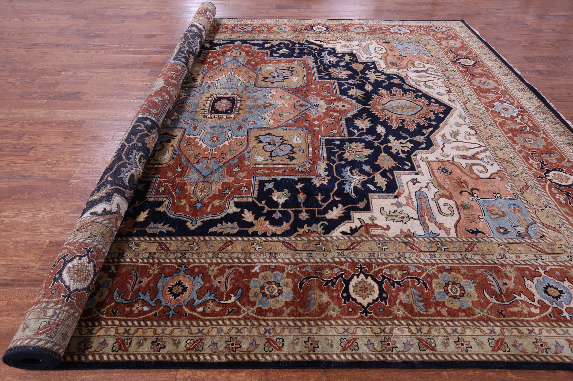 Blue Persian Fine Serapi Hand Knotted Wool Rug - 11' 8" X 14' 11" - Golden Nile
