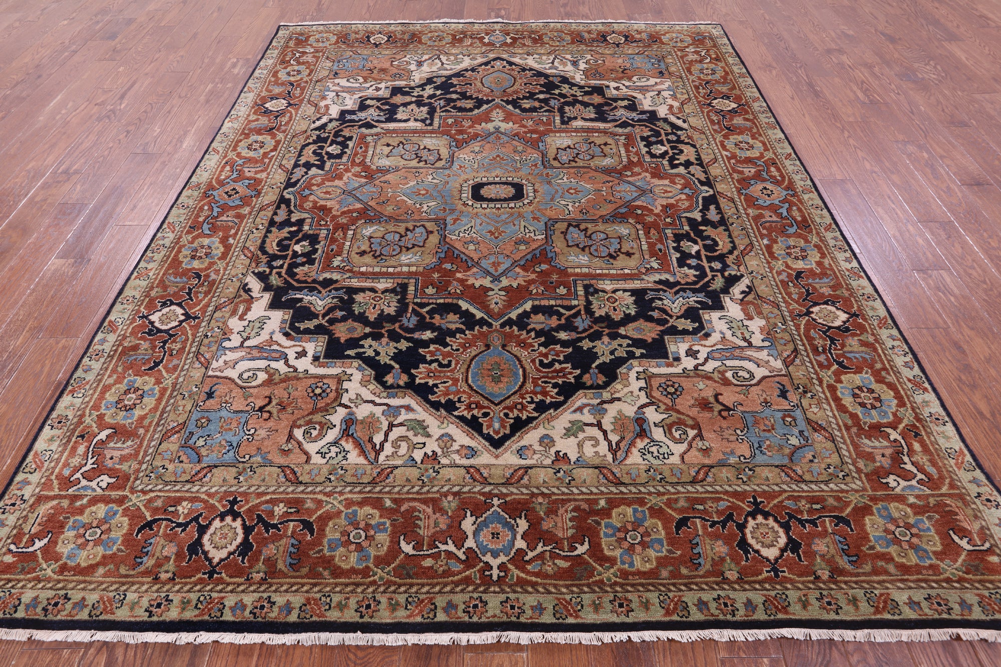 Blue Persian Fine Serapi Hand Knotted Wool Rug - 7' 9" X 9' 9" - Golden Nile