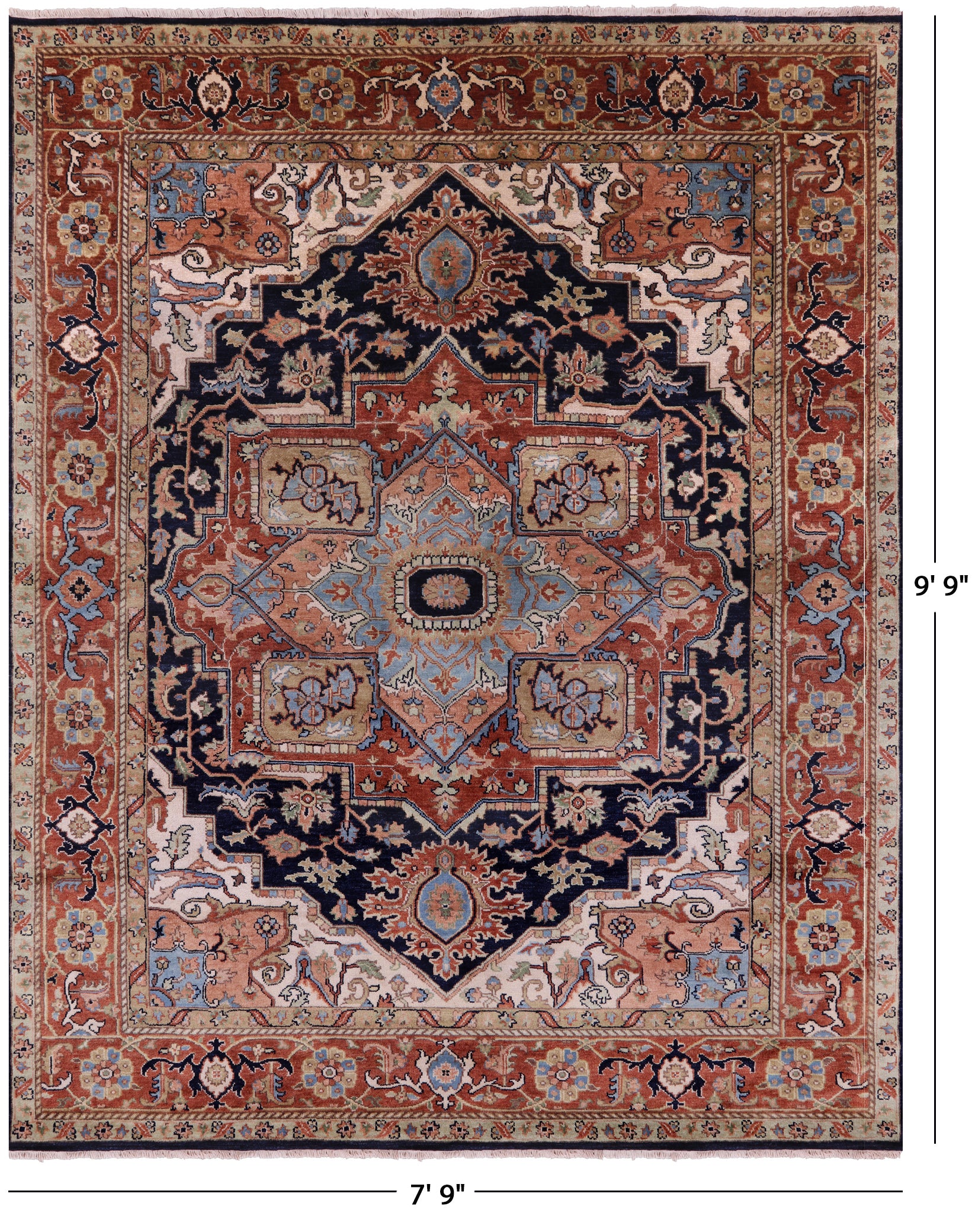 Blue Persian Fine Serapi Hand Knotted Wool Rug - 7' 9" X 9' 9" - Golden Nile