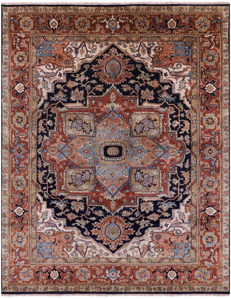 Blue Persian Fine Serapi Hand Knotted Wool Rug - 7' 9" X 9' 9" - Golden Nile