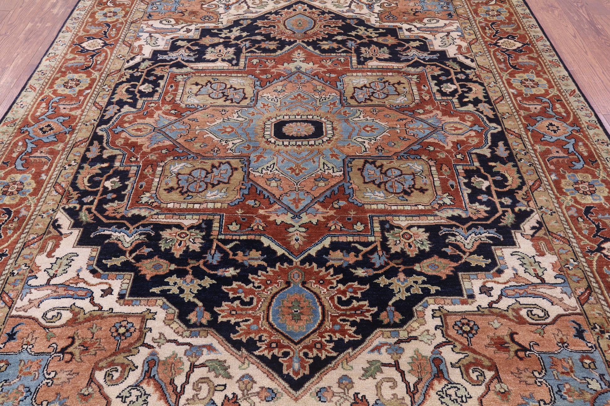 Blue Persian Fine Serapi Hand Knotted Wool Rug - 7' 9" X 9' 9" - Golden Nile