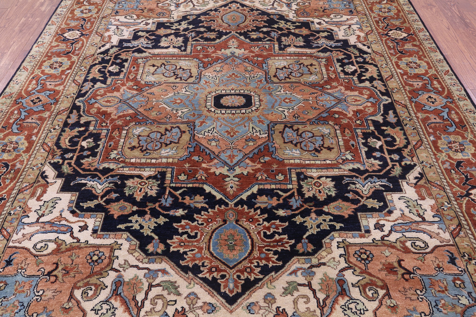 Blue Persian Fine Serapi Hand Knotted Wool Rug - 7' 9" X 9' 9" - Golden Nile