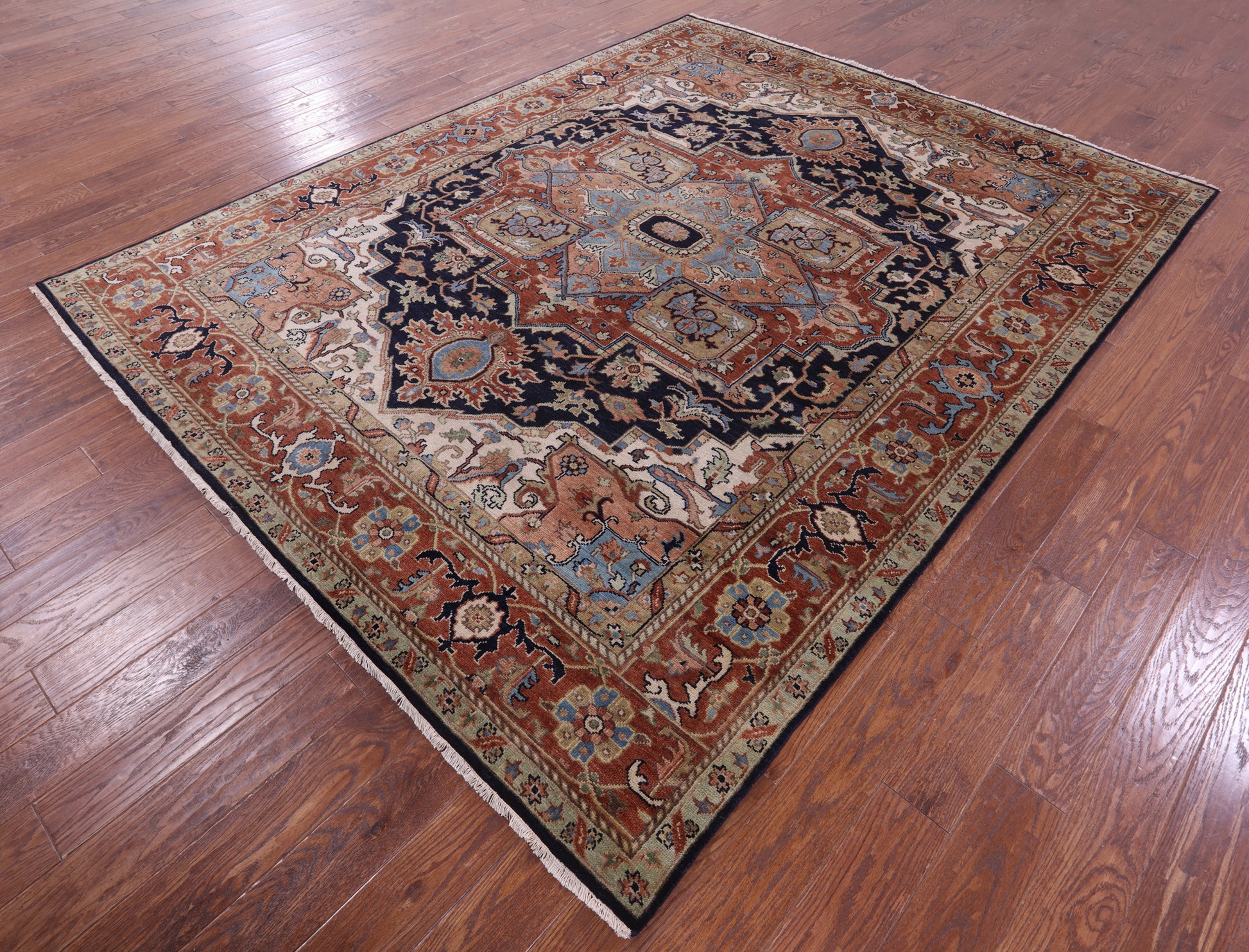 Blue Persian Fine Serapi Hand Knotted Wool Rug - 7' 9" X 9' 9" - Golden Nile