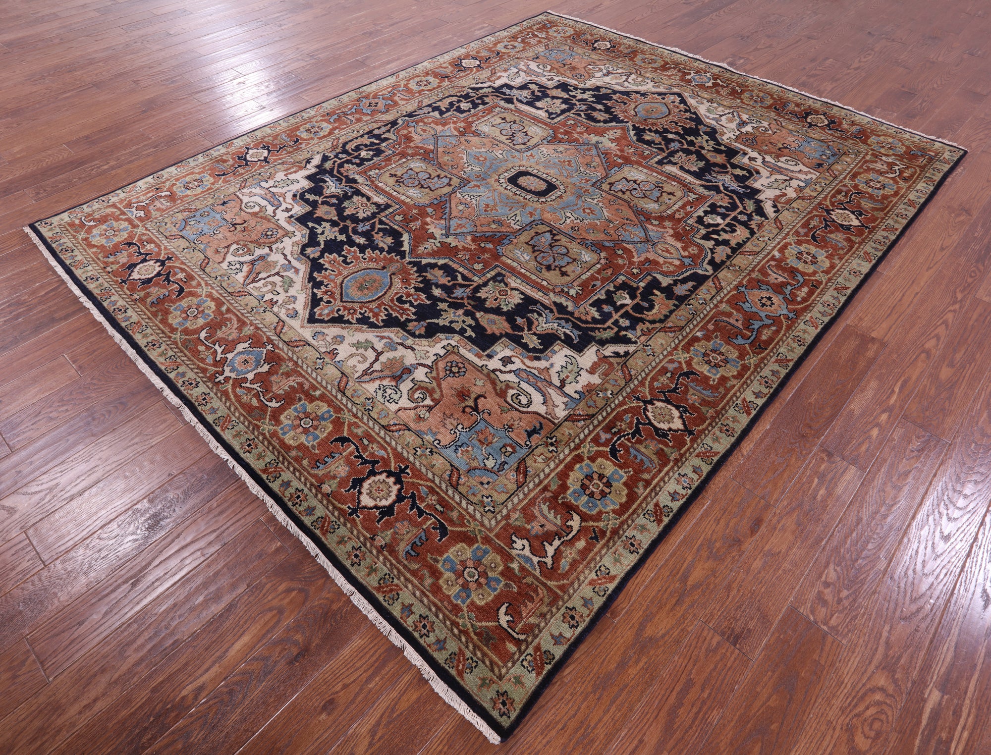 Blue Persian Fine Serapi Hand Knotted Wool Rug - 7' 9" X 9' 9" - Golden Nile