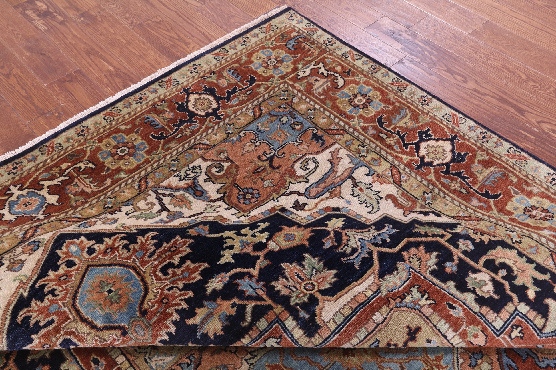 Blue Persian Fine Serapi Hand Knotted Wool Rug - 7' 9" X 9' 9" - Golden Nile