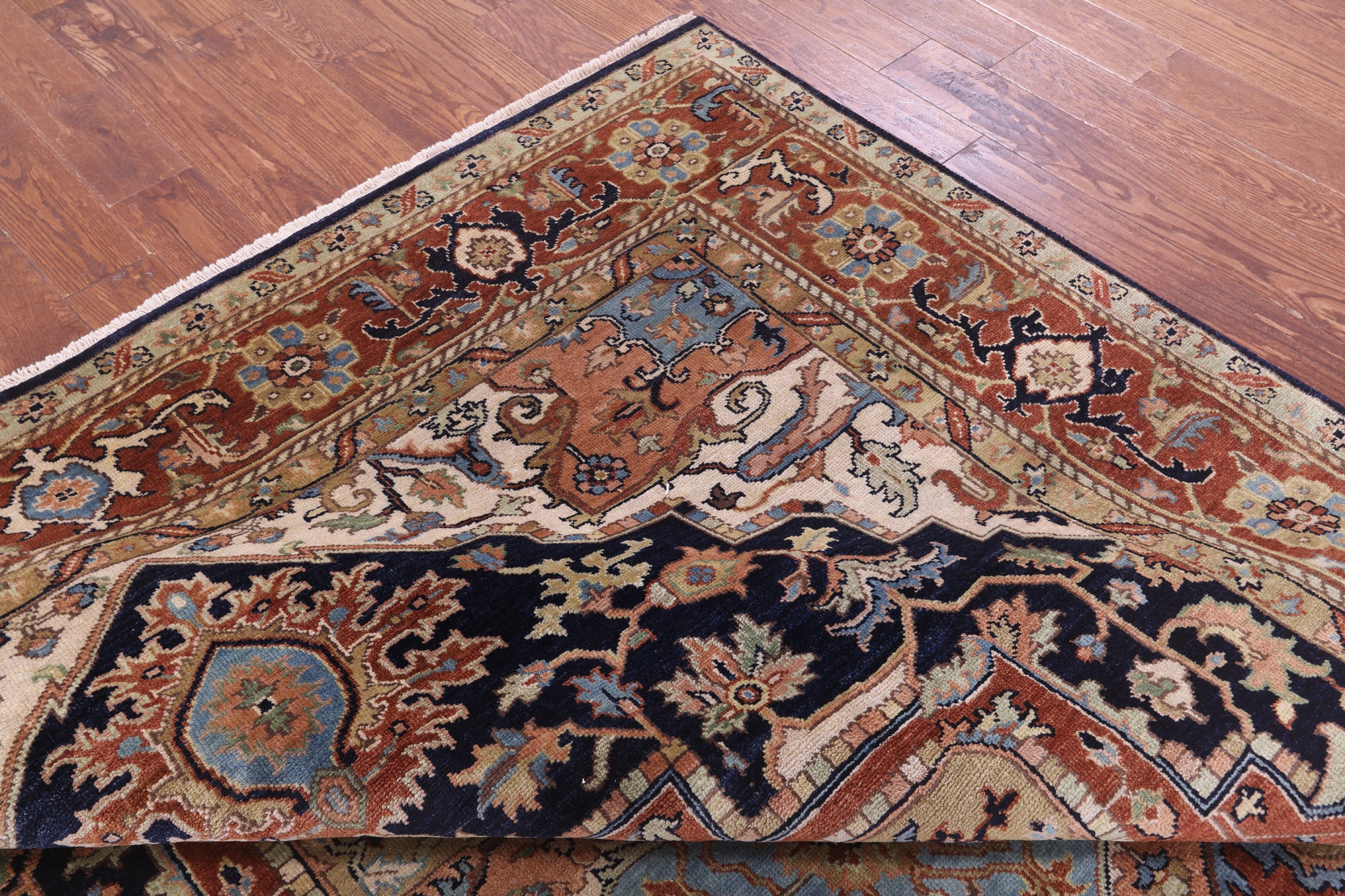 Blue Persian Fine Serapi Hand Knotted Wool Rug - 7' 9" X 9' 9" - Golden Nile