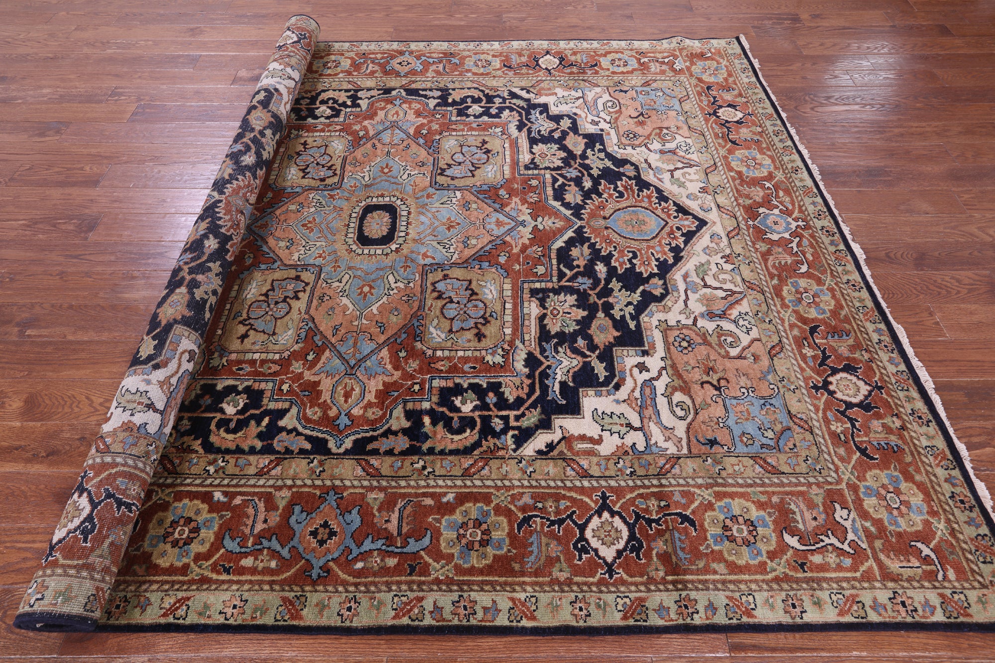Blue Persian Fine Serapi Hand Knotted Wool Rug - 7' 9" X 9' 9" - Golden Nile
