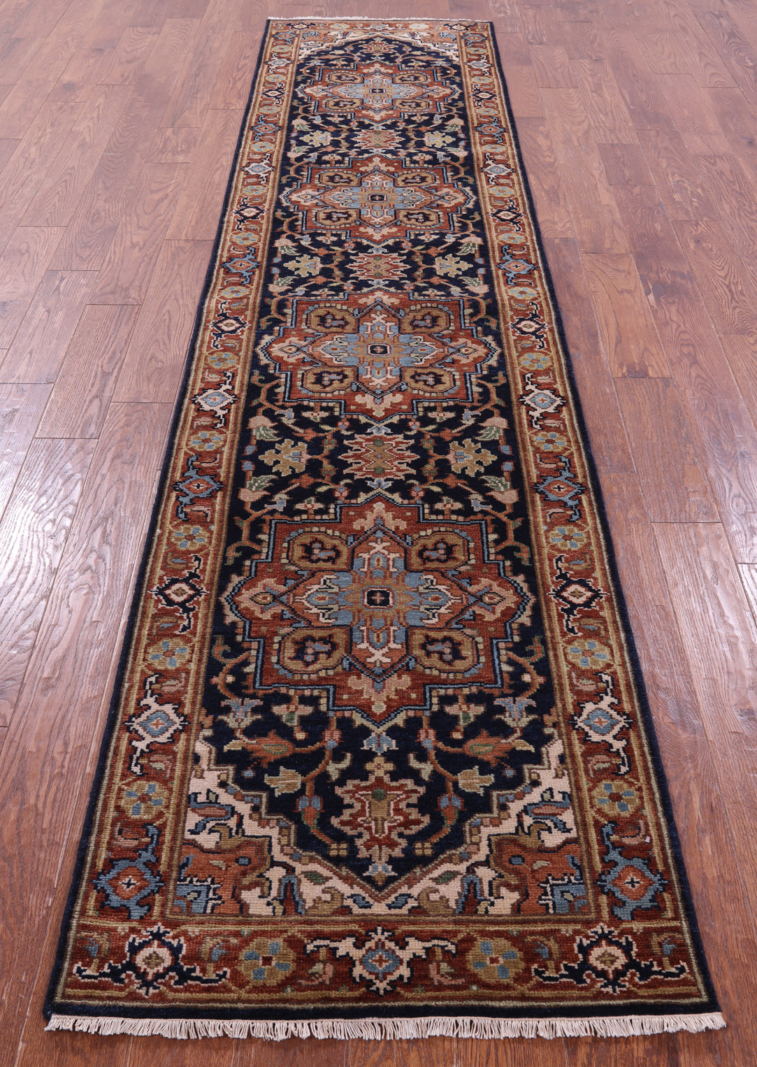 Blue Persian Fine Serapi Handmade Wool Runner Rug - 2' 8" X 11' 10" - Golden Nile