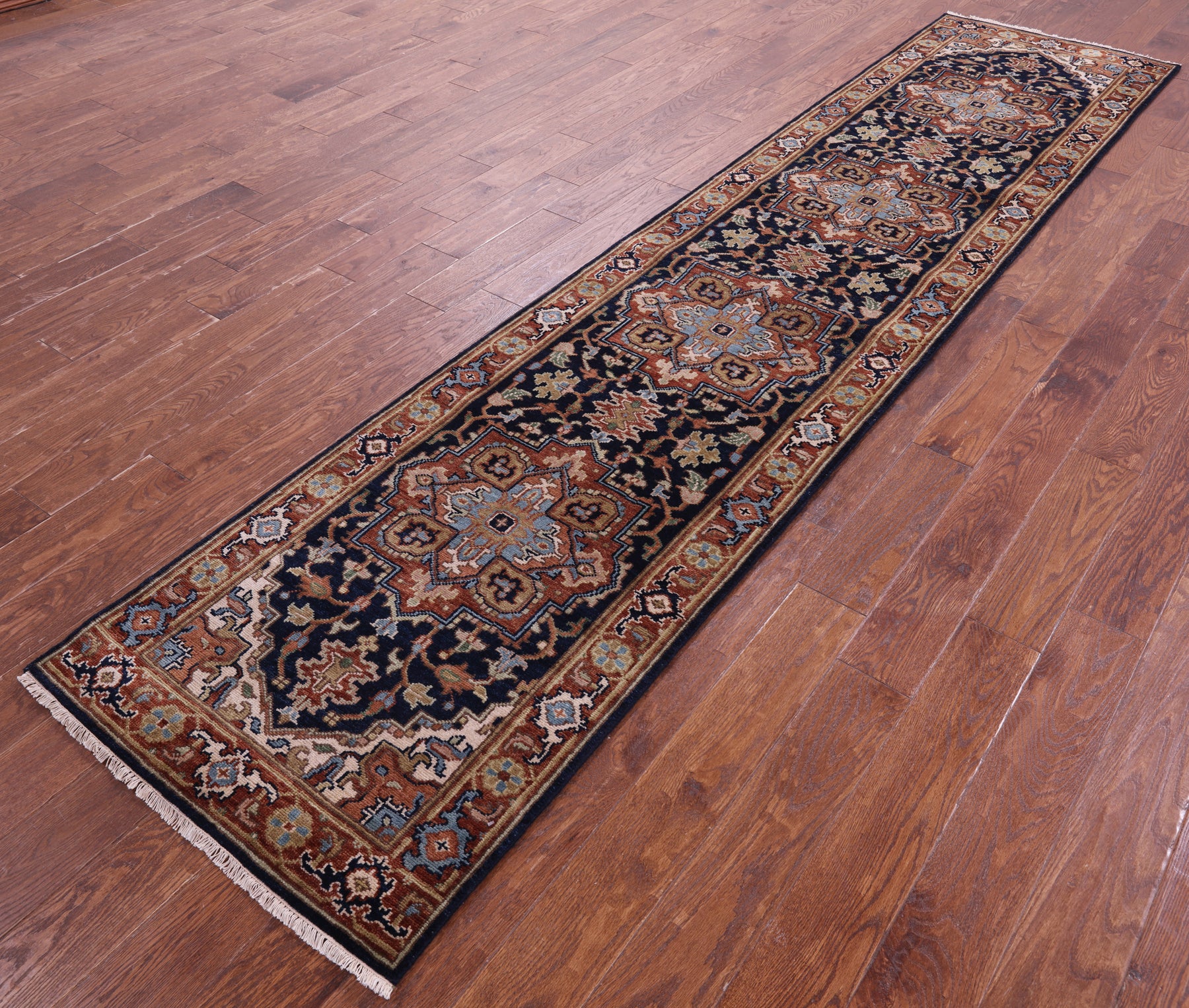 Blue Persian Fine Serapi Handmade Wool Runner Rug - 2' 8" X 11' 10" - Golden Nile