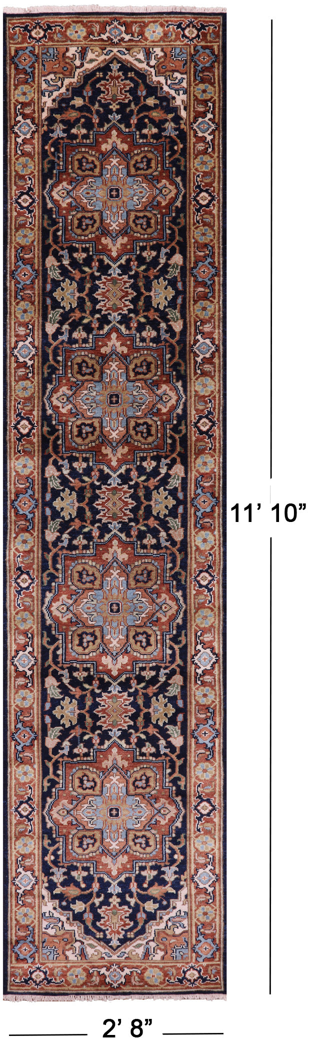 Blue Persian Fine Serapi Handmade Wool Runner Rug - 2' 8" X 11' 10" - Golden Nile