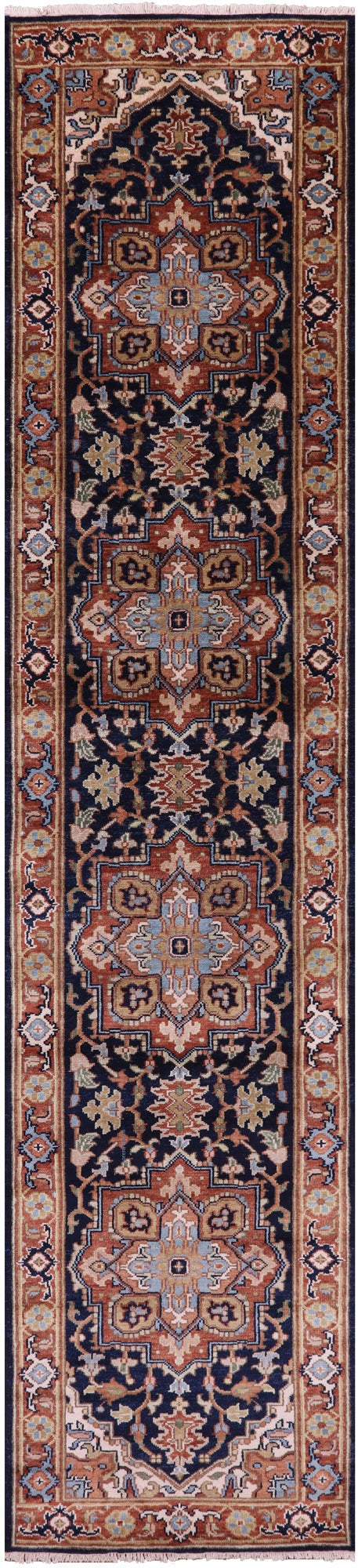 Blue Persian Fine Serapi Handmade Wool Runner Rug - 2' 8" X 11' 10" - Golden Nile