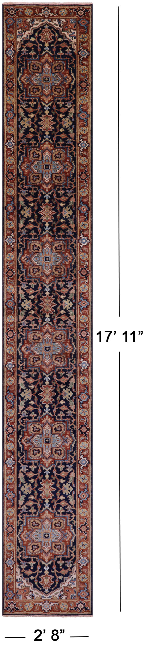 Blue Persian Fine Serapi Handmade Wool Runner Rug - 2' 8" X 17' 11" - Golden Nile
