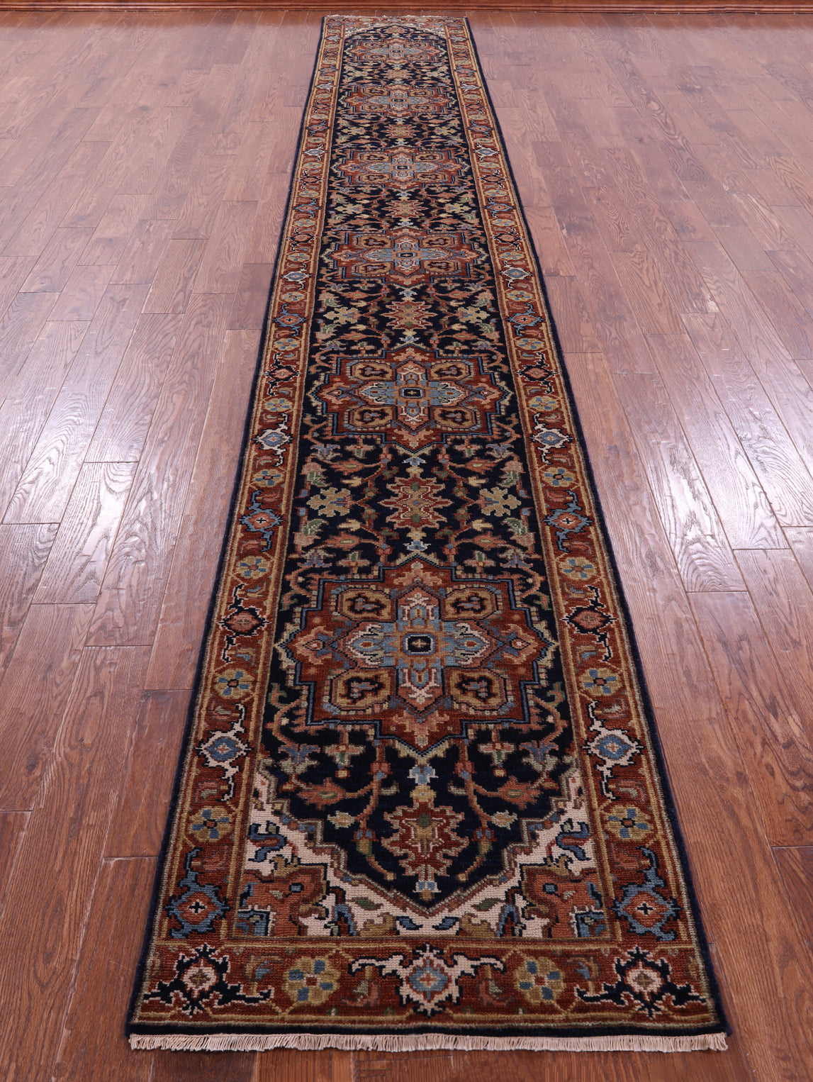 Blue Persian Fine Serapi Handmade Wool Runner Rug - 2' 8" X 17' 11" - Golden Nile