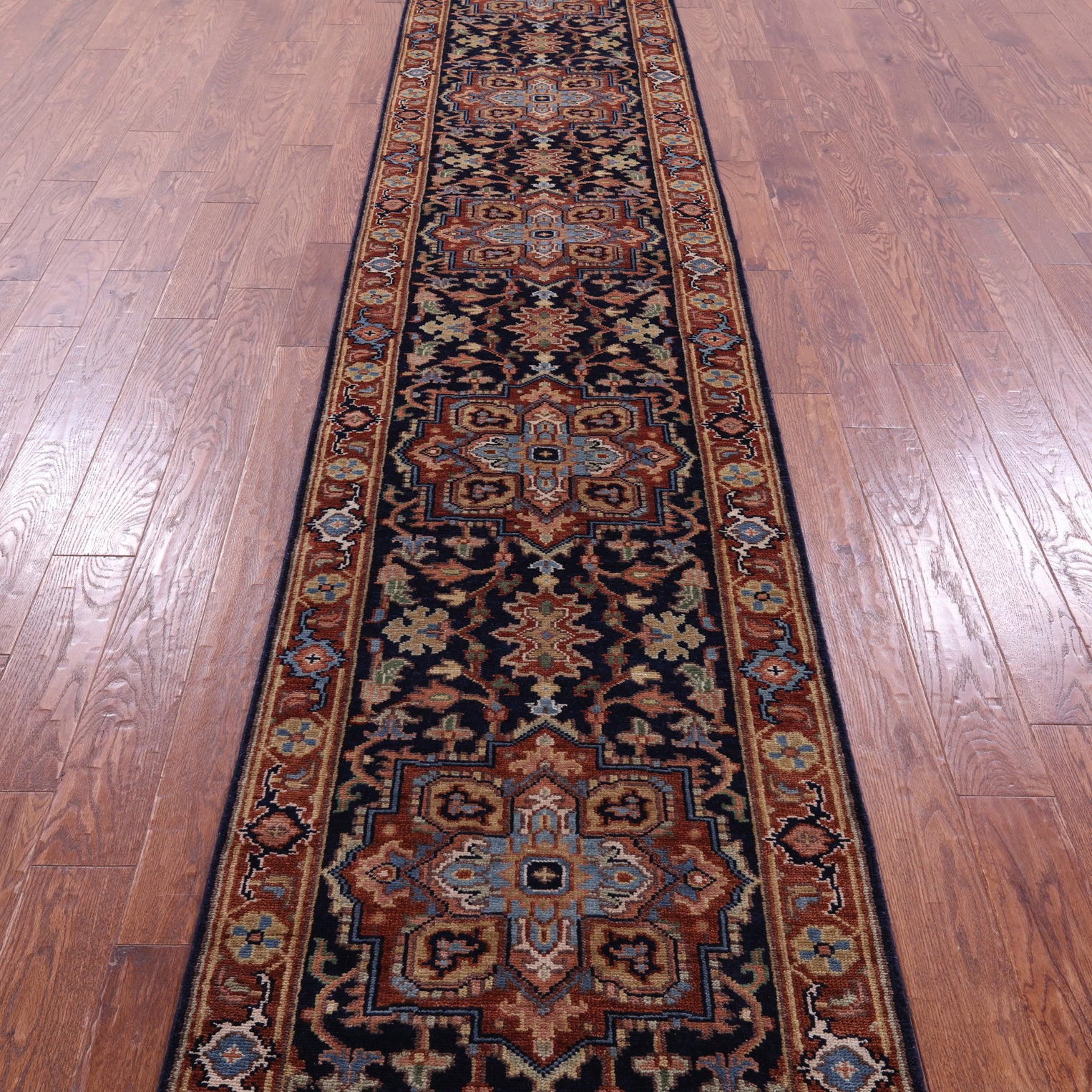 Blue Persian Fine Serapi Handmade Wool Runner Rug - 2' 8" X 17' 11" - Golden Nile