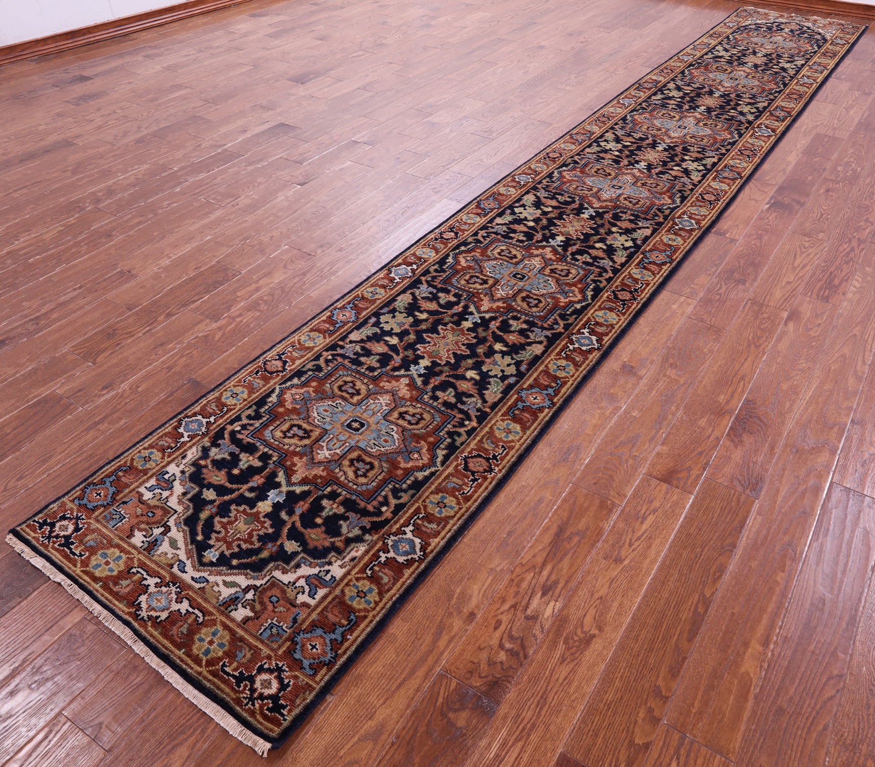 Blue Persian Fine Serapi Handmade Wool Runner Rug - 2' 8" X 17' 11" - Golden Nile