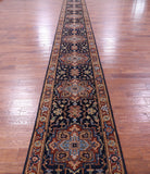 Blue Persian Fine Serapi Hand Knotted Wool Runner Rug - 2' 7" X 27' 7" - Golden Nile