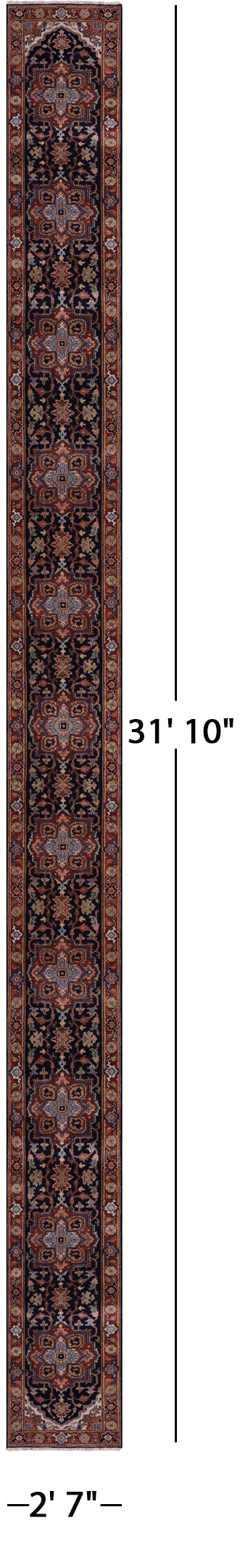 Blue Persian Fine Serapi Hand Knotted Wool Runner Rug - 2' 7" X 31' 10" - Golden Nile
