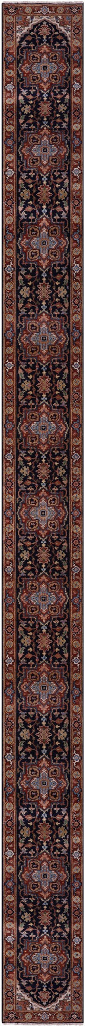 Blue Persian Fine Serapi Hand Knotted Wool Runner Rug - 2' 7" X 31' 10" - Golden Nile