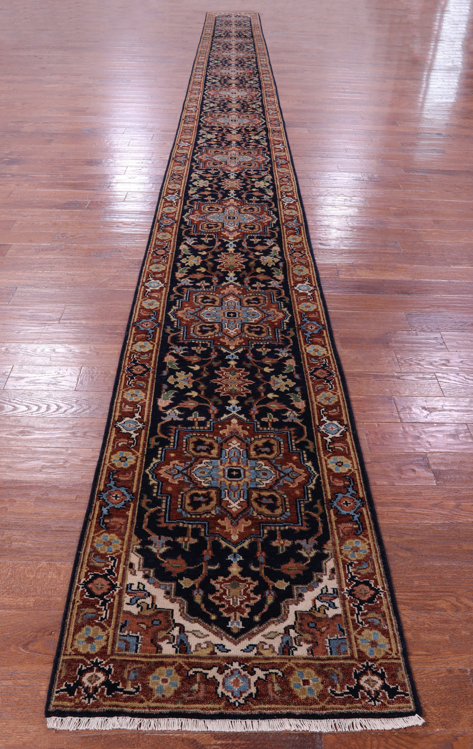 Blue Persian Fine Serapi Hand Knotted Wool Runner Rug - 2' 7" X 31' 10" - Golden Nile