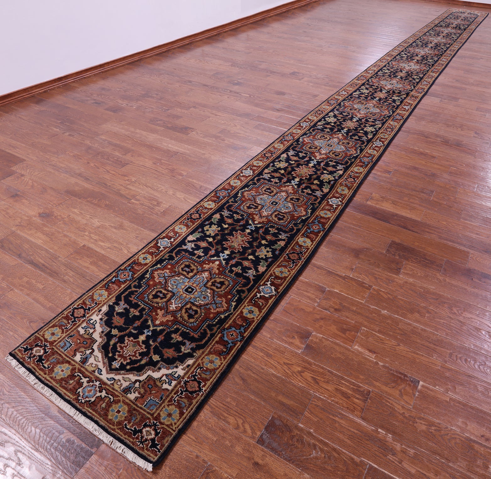 Blue Persian Fine Serapi Hand Knotted Wool Runner Rug - 2' 7" X 31' 10" - Golden Nile