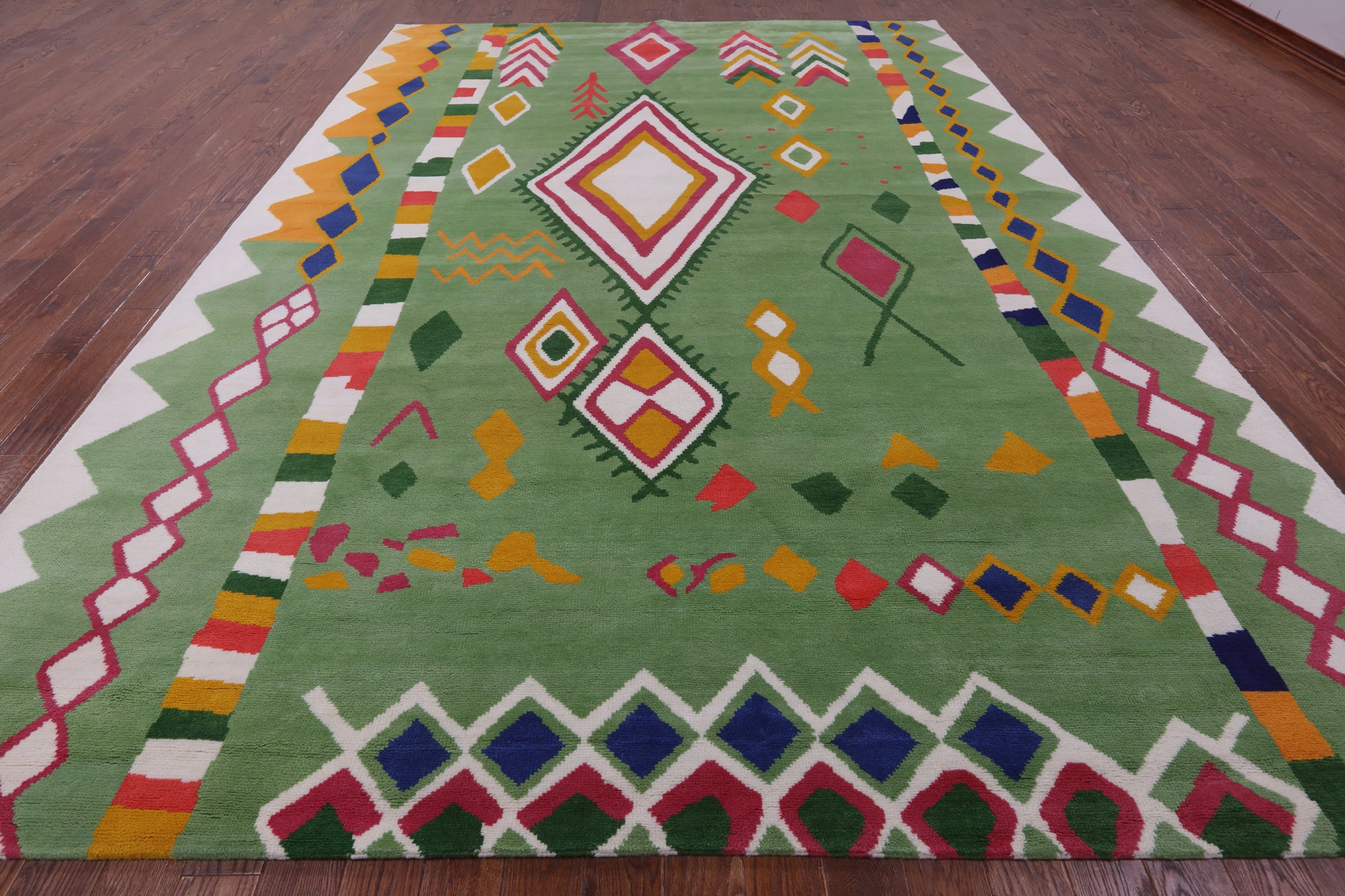 Green Tribal Moroccan Hand Knotted Wool Rug - 10' 1" X 13' 10" - Golden Nile