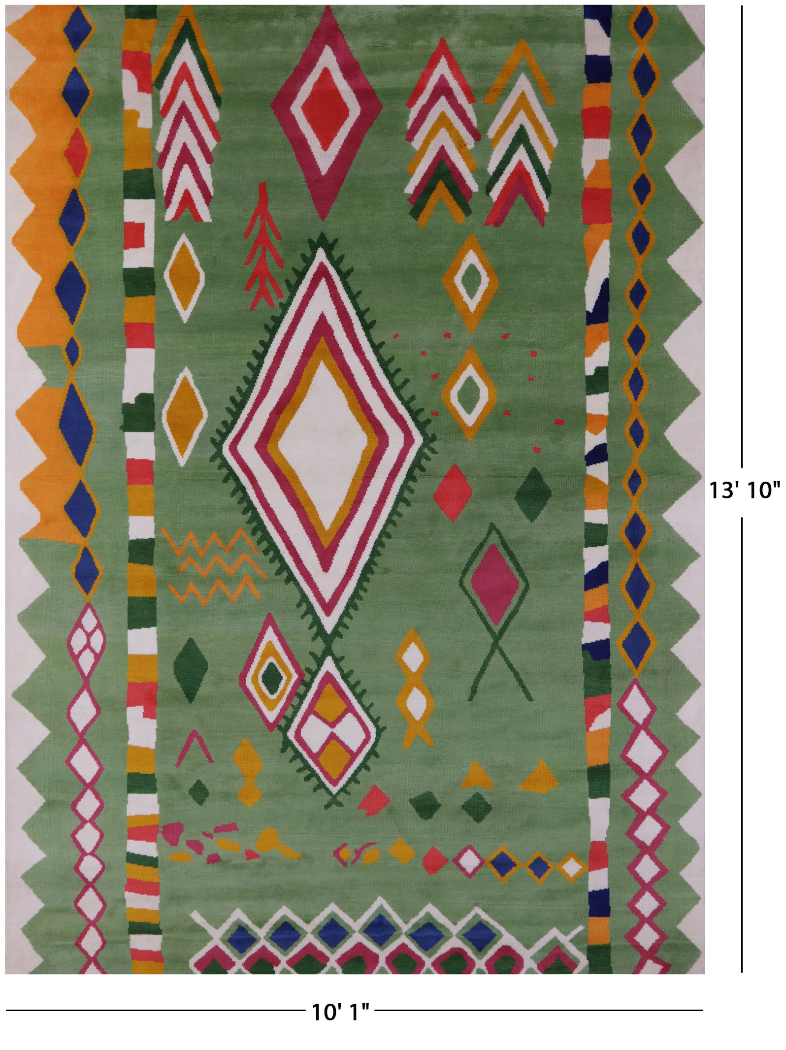 Green Tribal Moroccan Hand Knotted Wool Rug - 10' 1" X 13' 10" - Golden Nile